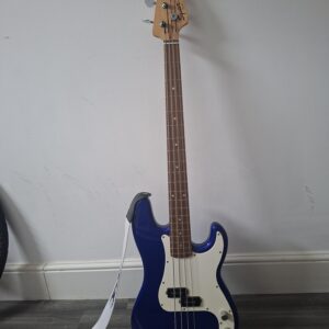 squier bass in metallic blue